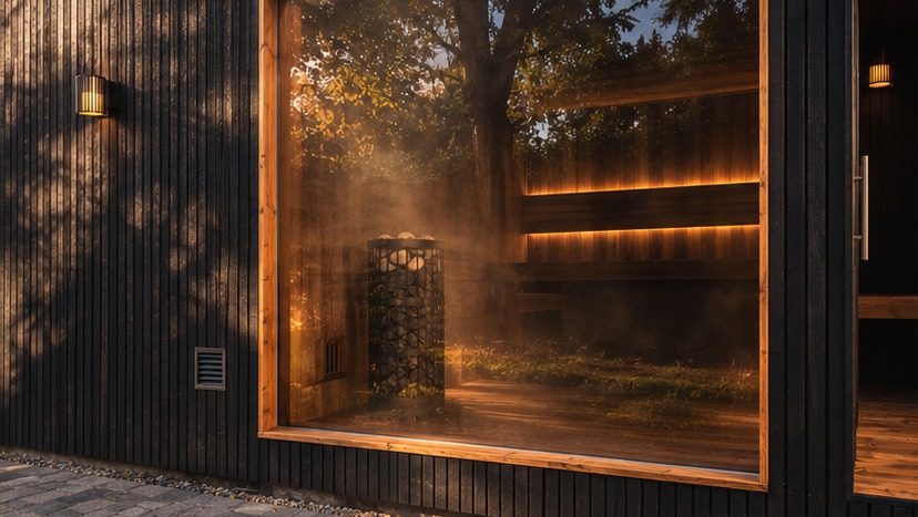 Hedeturs sauna udefra med stort vindue og damp